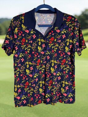 Lands End Women's Supima Cotton Short Sleeve Polo Deep Sea Multi Garden Floral L